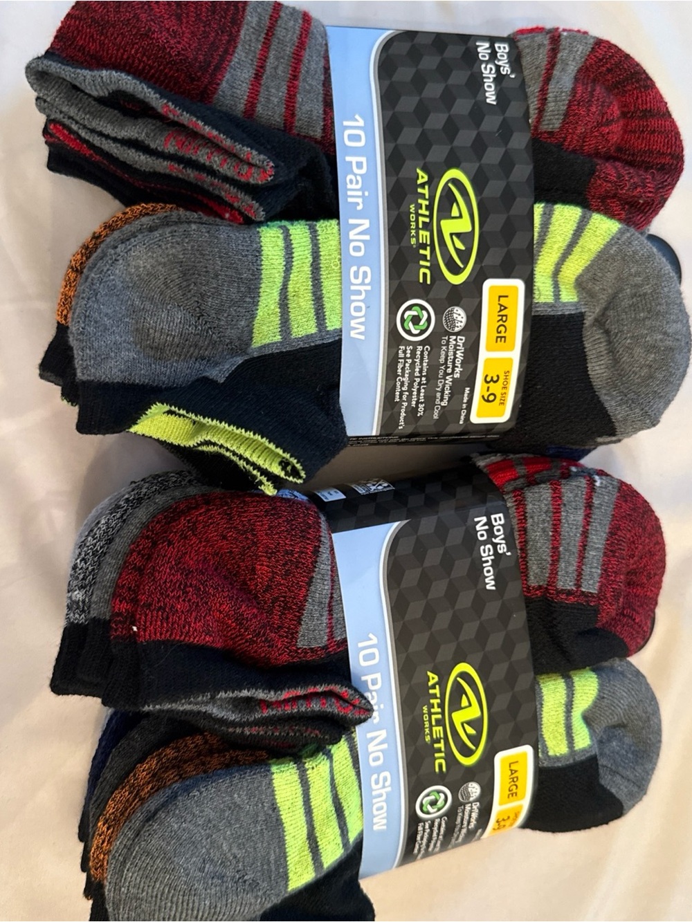 Athletic Works No-Show Socks 10-Pack - Gray, Red, Neon Yellow